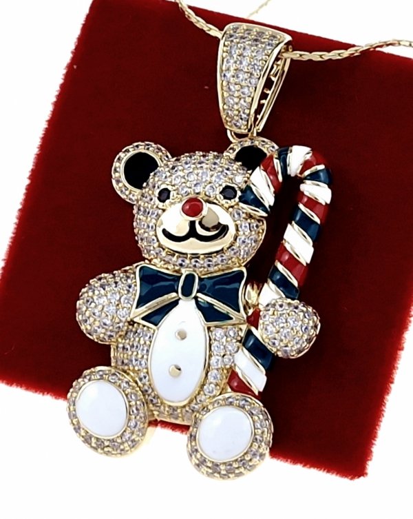 br84 Złota zawieszka cyrkonie błyszcząca pozłacana 14k miś świąteczny