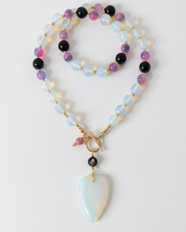 2319f Naszyjnik opal, jadeit kamień naturalny 50cm stal chirurgiczna nierdzewna 