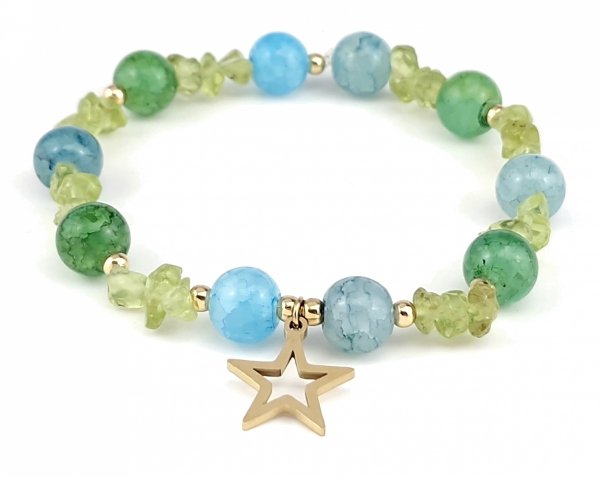 2325j Bransoletka akwamaryn oliwin kamień na gumce jubilerskiej gwiazda