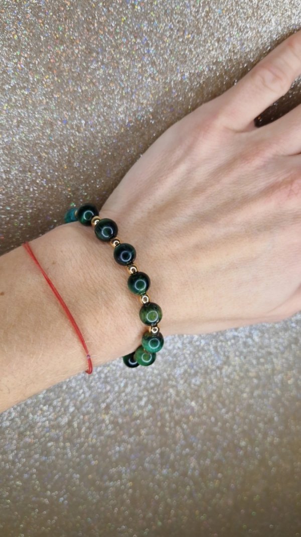 2330j Bransoletka tygrysie oko zielone na gumce jubilerskiej 