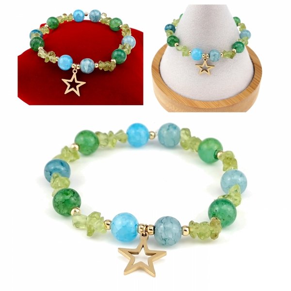 2325j Bransoletka akwamaryn oliwin kamień na gumce jubilerskiej gwiazda