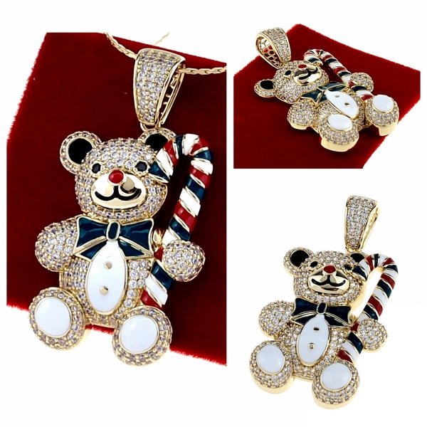 br84 Złota zawieszka cyrkonie błyszcząca pozłacana 14k miś świąteczny