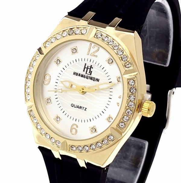 2053 Ekskluzywny damski złoty zegarek błyszczący cyrkonie klasyk silikonowy pasek