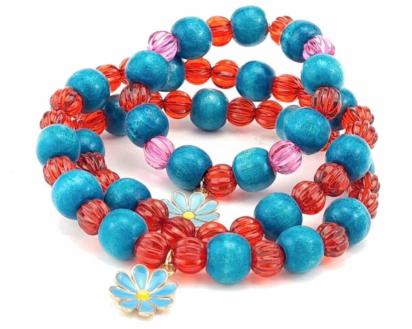 0184 Komplet biżuterii naszyjnik bransoletka dla dziewczynki z drewnianych i akrylowych koralików 