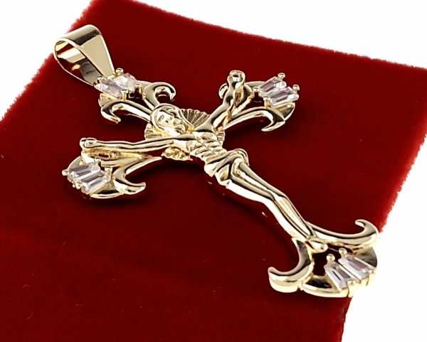 032d Złota zawieszka błyszcząca pozłacana 14k krzyż