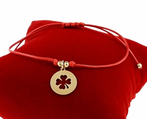1934f Bransoletka złota stal chirurgiczna czerwony sznurek Blueberry celebrytka regulowana koniczynka