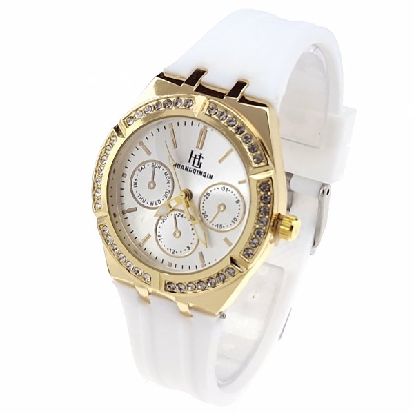 725 Ekskluzywny damski złoty zegarek błyszczący cyrkonie klasyk silikonowy pasek