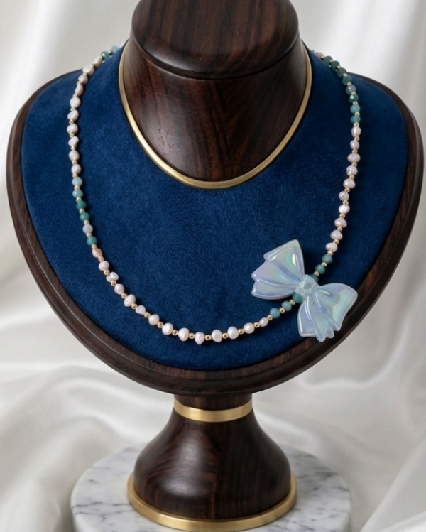 598k Naszyjnik naturalny kamień amazonit, perły 45+5cm stal chirurgiczna 316L nierdzewna