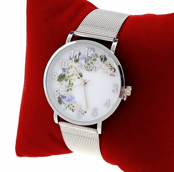 310a Zegarek damski srebrny stal chirurgiczna Kurren elegancki klasyk kwiaty