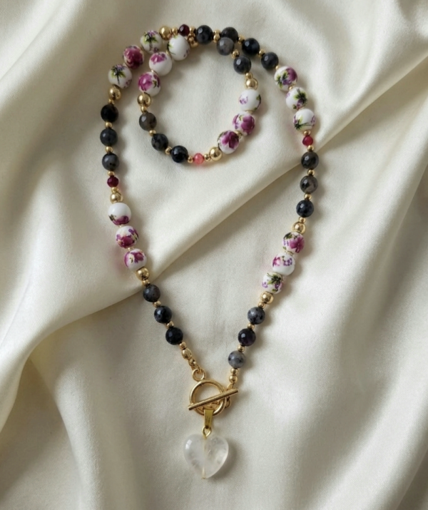 2321f Naszyjnik larwakit  kamień naturalny 46cm stal chirurgiczna nierdzewna naszyjnik