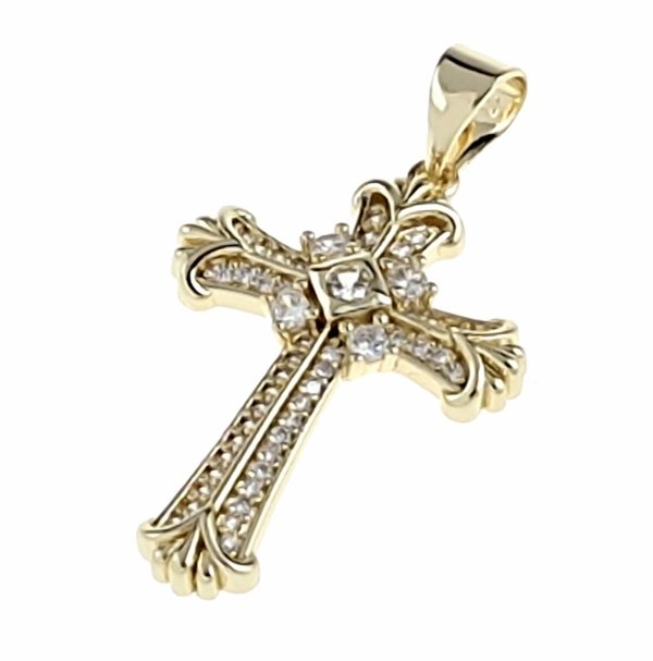 1745L Złota zawieszka błyszcząca pozłacana 14k cyrkonie krzyż