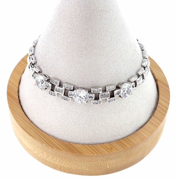 4407 Bransoletka srebrna cyrkonie pozłacana białym złotem 19,5cm 8mm Xuping 