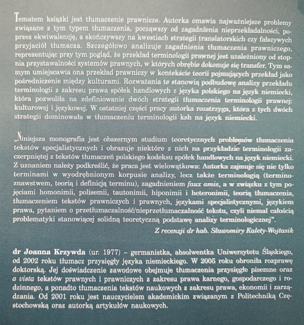 Joanna Krzywda Terminologia języka prawnego i strategie translatorskie w przekładach kodeksu spółek handlowych na język niemiecki