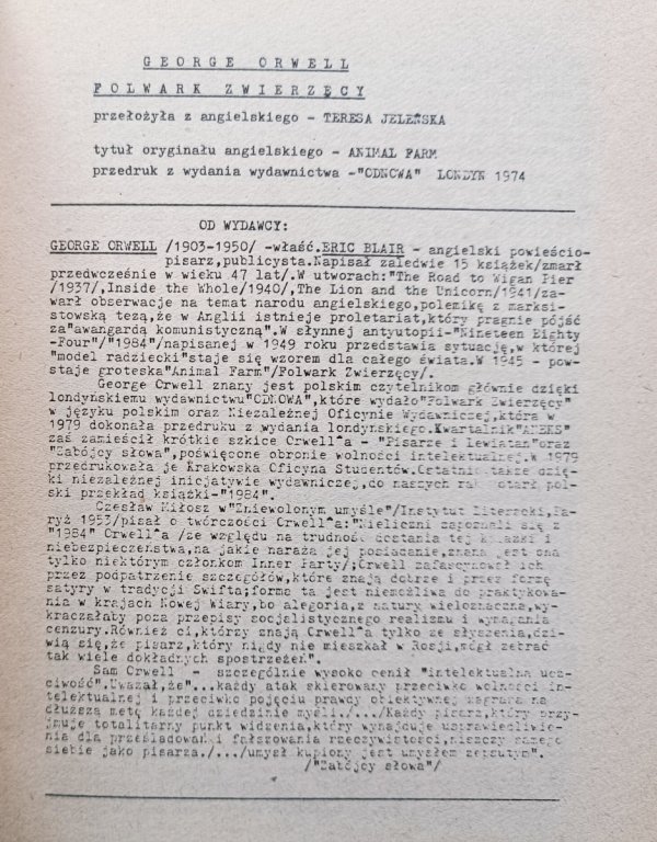 George Orwell Folwark zwierzęcy / wydanie drugoobiegowe