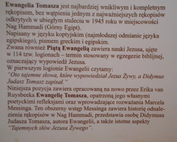 Erik van Ruysbeek, Marcel Messing • Ewangelia Tomasza. Tajemnicze słowa Jezusa, spisane przez apostoła Tomasza