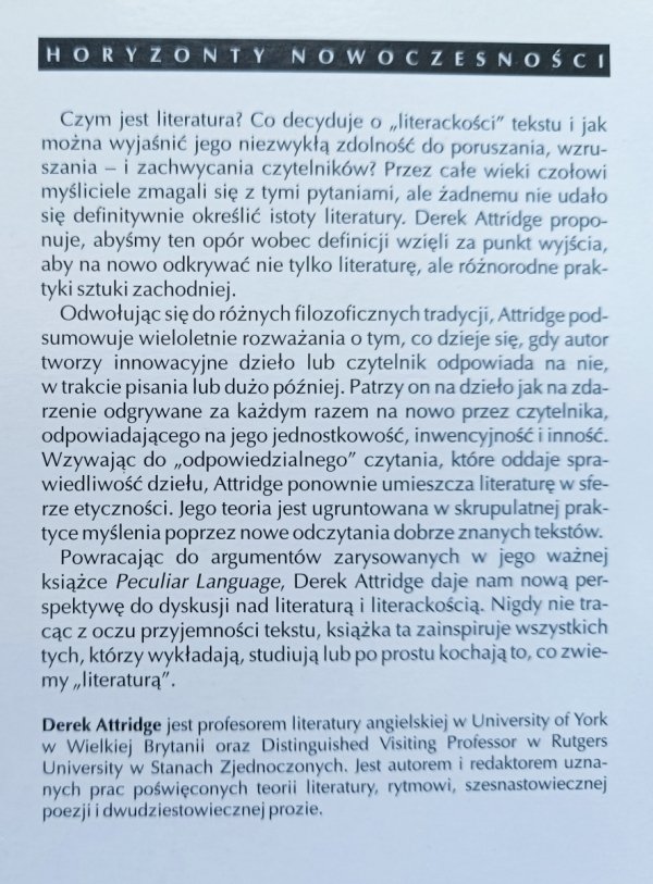 Derek Attridge Jednostkowość literatury