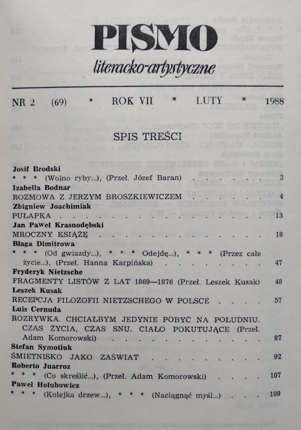 Pismo literacko-artystyczne 2/1988 • Fryderyk Nietzsche, Josif Brodski, Mircea Eliade