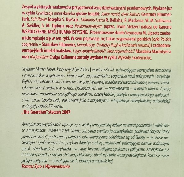 Seymour M. Lipset Wyjątkowość amerykańska - broń obosieczna