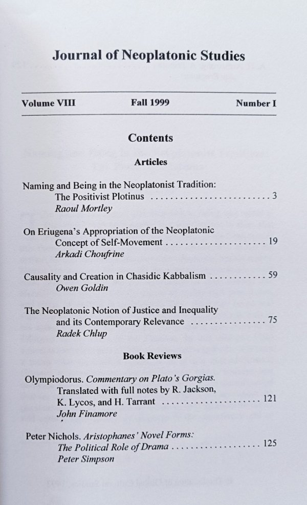 The Journal of Neoplatonic Studies Volume VIII Fall 1999