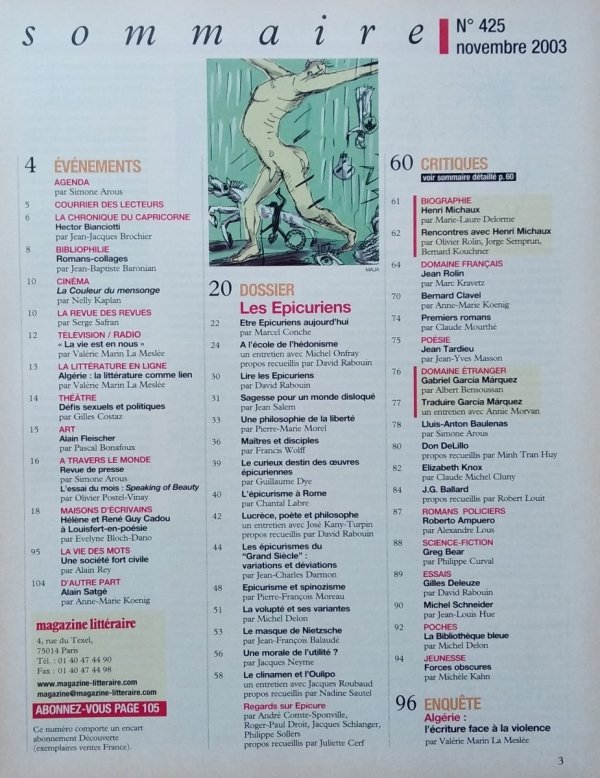 Le Magazine Litteraire • Les Epicuriens. Nr 425