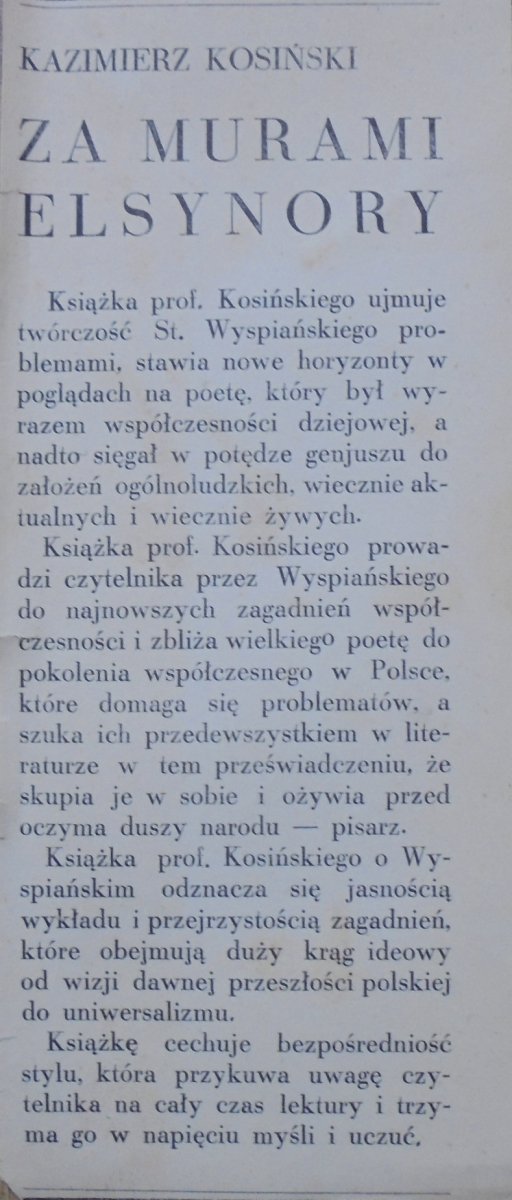 Kazimierz Kosiński Za murami Elsynory. Studja o Wyspiańskim [Stanisław Wyspiański]