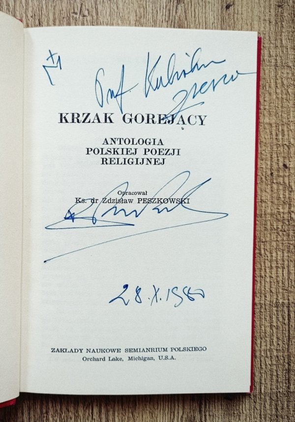 Zdzisław Peszkowski Krzak gorejący. Antologia polskiej poezji religijnej [dedykacja autorska]