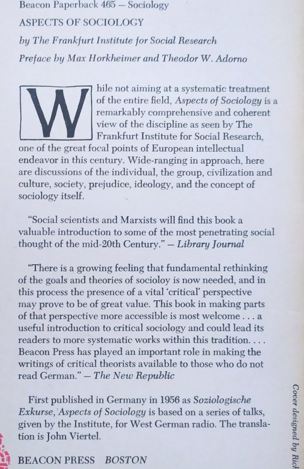 Aspects of Sociology by The Frankfurt Institute for Social Research. Preface by Max Horkheiner and Theodor W. Adorno