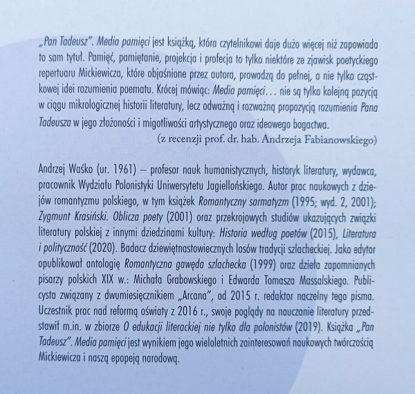 Andrzej Waśko Pan Tadeusz. Media pamięci