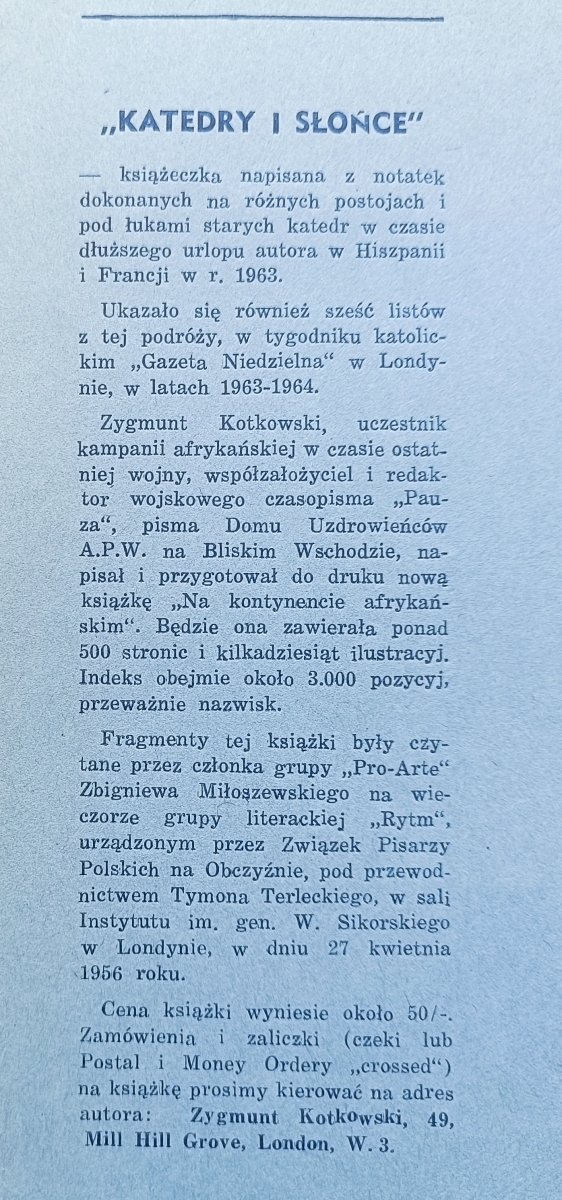 Zygmunt Kotkowski Katedry i słońce. Notatki z Francji i Hiszpanii / dedykacja autorska