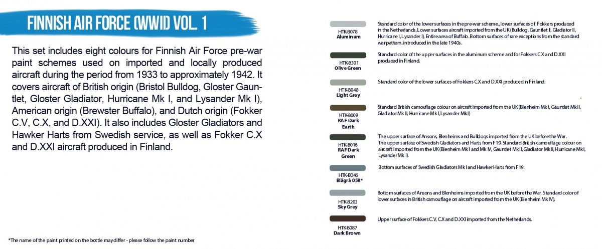 Hataka HTK-BS117 Finnish Air Force WWII Paints Set 8x17ml - BLUE LINE –  optimised for brush - Aviation paint sets - Hataka - Paints and modeling  chemicals