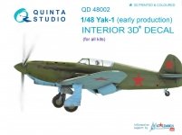 Quinta Studio QD48002 Yak-1 (early production) 3D-Printed & coloured Interior on decal paper (for all kits) 1/48