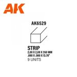 AK Interactive AK6529 STRIPS 2.00 X 2.00 X 350MM – STYRENE STRIP – (9 UNITS)