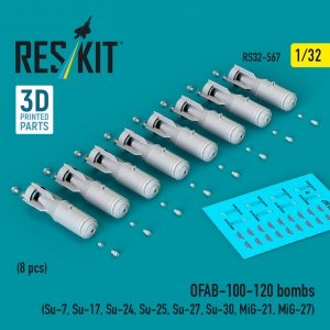 RESKIT RS32-0567 OFAB-100-120 bombs (8 pcs) (Su-7, Su-17, Su-24, Su-25, Su-27, Su-30, MiG-21, MiG-27) (3D Printed) (1/32)