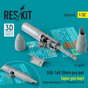 RESKIT RS32-0468 SUU-16A 20mm gun pod (open gun bay) wings mounting for F-4 Phantom II (C,D) (1 pcs) (3D Printed) 1/32