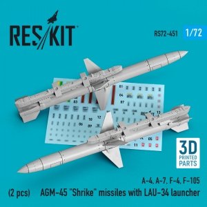 RESKIT RS72-0451 AGM-45 SHRIKE MISSILES WITH LAU-34 LAUNCHER (2 PCS) (3D PRINTED) 1/72