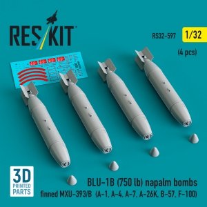 RESKIT RS32-0597 BLU-1B (750 lb) napalm bombs finned MXU-393/B (4 pcs) (A-1, A-4, A-7, A-26K, B-57, F-100) (3D Printed) (1/32)