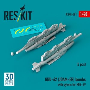 RESKIT RS48-0491 GBU-62 (JDAM-ER) bombs with pylons for MiG-29 Fulcrum (2 pcs) (3D Printed) 1/48