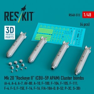 RESKIT RS48-0513 Mk 20 Rockeye II (CBU-59 APAM) Cluster bombs (4 pcs) (3D Printed)  1/48