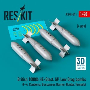 RESKIT RS48-0511 British 1000lb HE-Blast, GP, Low Drag bombs (4 pcs) (3D printed) 1/48