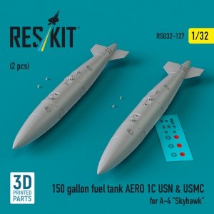RESKIT RSU32-0127 150 gallon fuel tank AERO 1C USN & USMC for A-4 Skyhawk (2 pcs) (3D Printed) 1/32