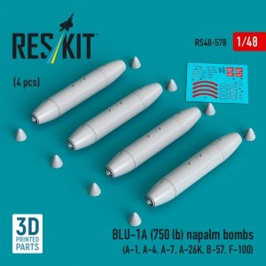RESKIT RS48-0578 BLU-1A (750 lb) napalm bombs (4 pcs) (A-1, A-4, A-7, A-26K, B-57, F-100) (3D Printed) (1/48)