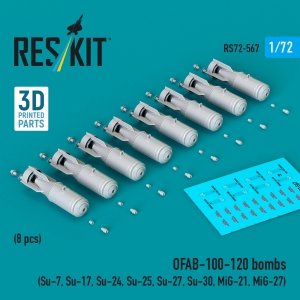 RESKIT RS72-0567 OFAB-100-120 bombs (8 pcs) (Su-7, Su-17, Su-24, Su-25, Su-27, Su-30, MiG-21, MiG-27) (3D Printed) (1/72)