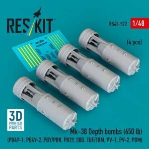 RESKIT RS48-0572 Mk-38 Depth bombs (650 lb) (4 pcs) (PB4Y-1, PB4Y-2, PBY/PBN, PB2Y, SBD, TBF/TBM, PV-1, PV-2, PBM) (3D Printed) (1/48)