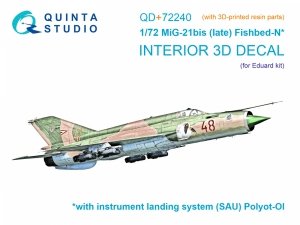 Quinta Studio QD+72240 MiG-21bis late 3D-Printed & coloured Interior on decal paper ( Eduard )( with 3D-printed resin parts ) 1/72