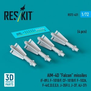RESKIT RS72-0431 AIM-4D Falcon missiles (4 pcs) (F-89J, F-101B/F, CF-101B/F, F-102A, F-4(C,D,E,EJ), J-35F/J, J-37, AJ-37) (3D Printed) (1/72)