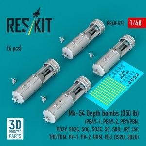 RESKIT RS48-0573 Mk-54 Depth bombs (350 lb) (4 pcs) (PB4Y-1, PB4Y-2, PBY/PBN, PB2Y, SB2C, SOC, SO3C, SC, SBD, JRF, J4F, TBF/TBM, PV-1, PV-2, PBM, PBJ, OS2U, SB2U) (3D Printed) (1/48)