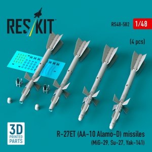 RESKIT RS48-0582 R-27ET (AA-10 Alamo-D) missiles (4 pcs) (MiG-29, Su-27, Yak-141) (3D Printed) (1/48)