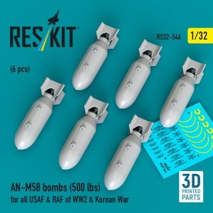 RESKIT RS32-0546 AN-M58 bombs (500 lbs) for all USAF & RAF of WW2 & Korean War (6 pcs) (3D Printed) 1/32