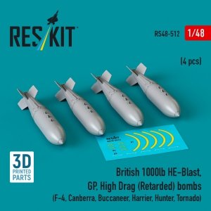 RESKIT RS48-0512 British 1000lb HE-Blast, GP, High Drag (Retarded) bombs (4 pcs) (3D printed) 1/48