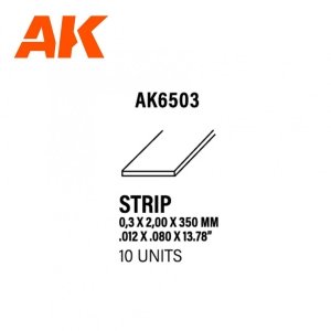 AK Interactive AK6503 STRIPS 0.30 X 2.00 X 350MM – STYRENE STRIP – (10 UNITS)